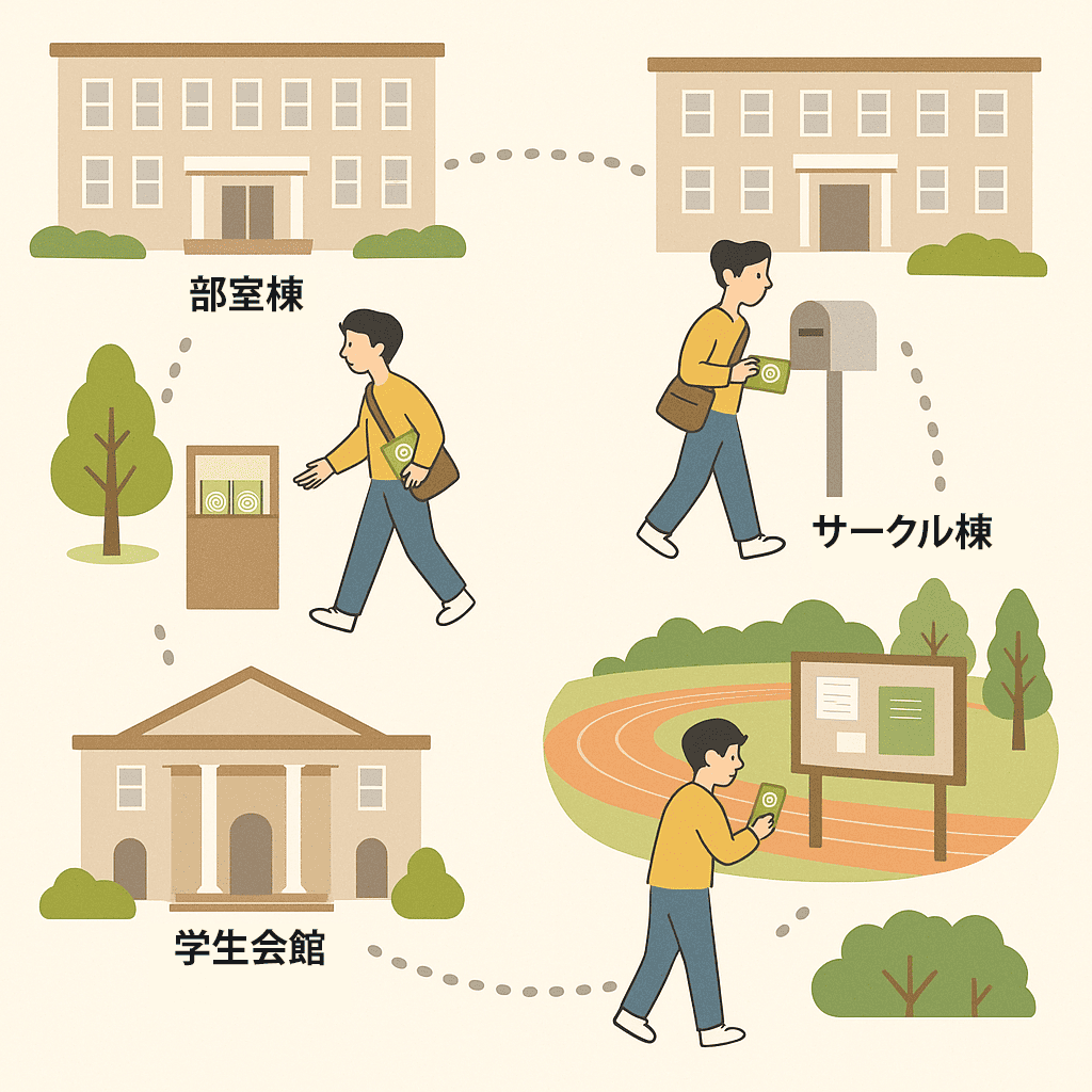 関西の大学キャンパス内の部室棟・体育館・サークル棟・学生会館などを巡回するポスティングアルバイトのルートイメージ図