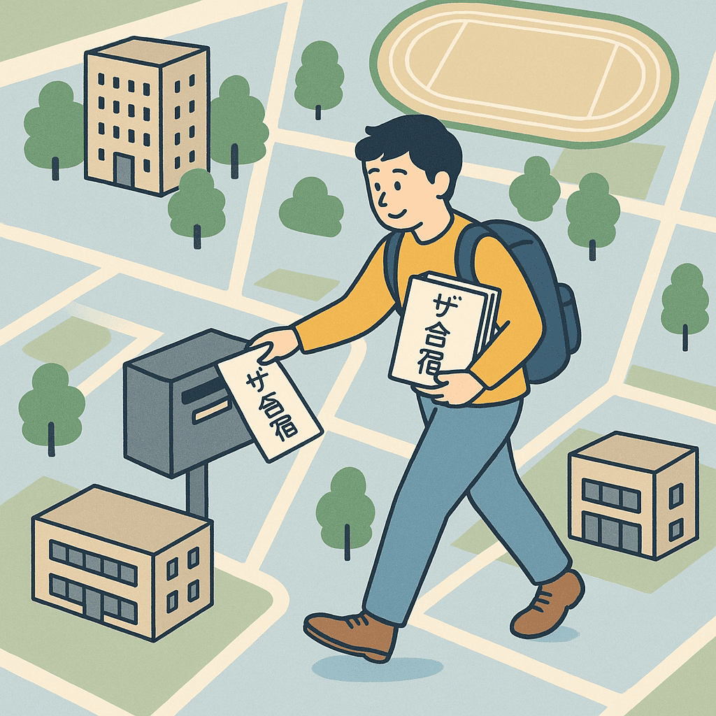 関西の大学キャンパスのマップ上を歩きながらポストに冊子を配るイメージ