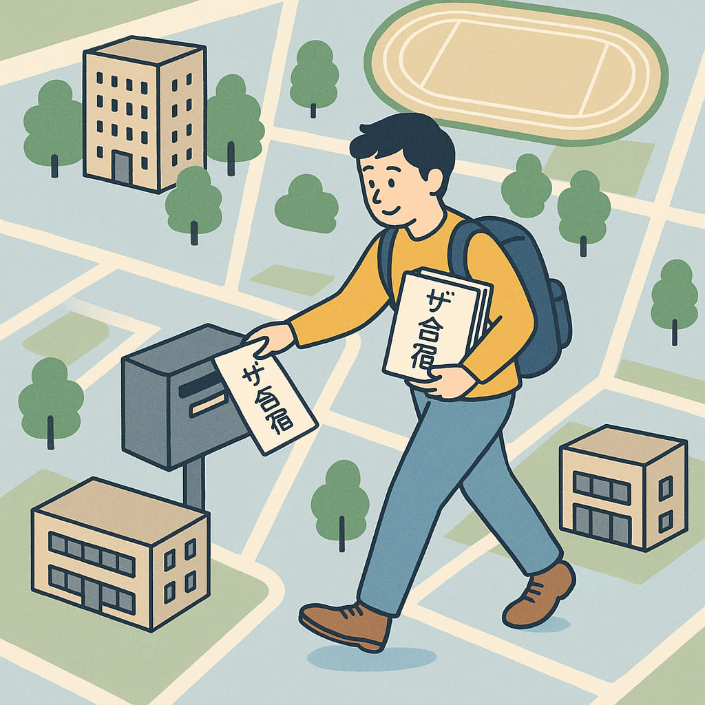 大学キャンパス内でザ・合宿冊子を配布するポスティングアルバイトのイメージ