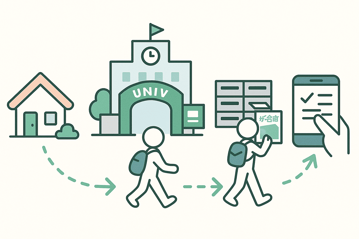 関西の大学から部室ポストに冊子を入れてスマホで報告する大学ポスティングアルバイトの流れの図解